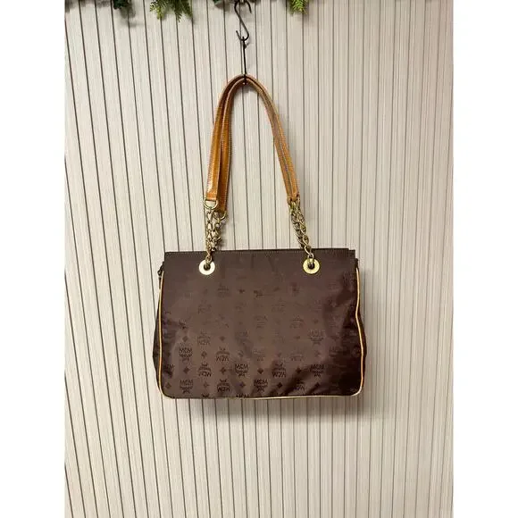MCM Visetos Nylon Leather Logo Shoulder Tote Bag Brown Large Chain Straps - Picture 7 of 16